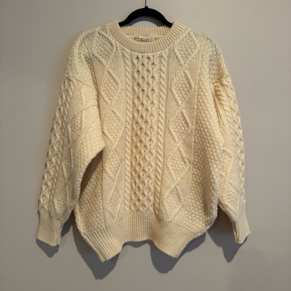 SOLD L.L. Bean Cable Knit Wool Cream Sweater XL